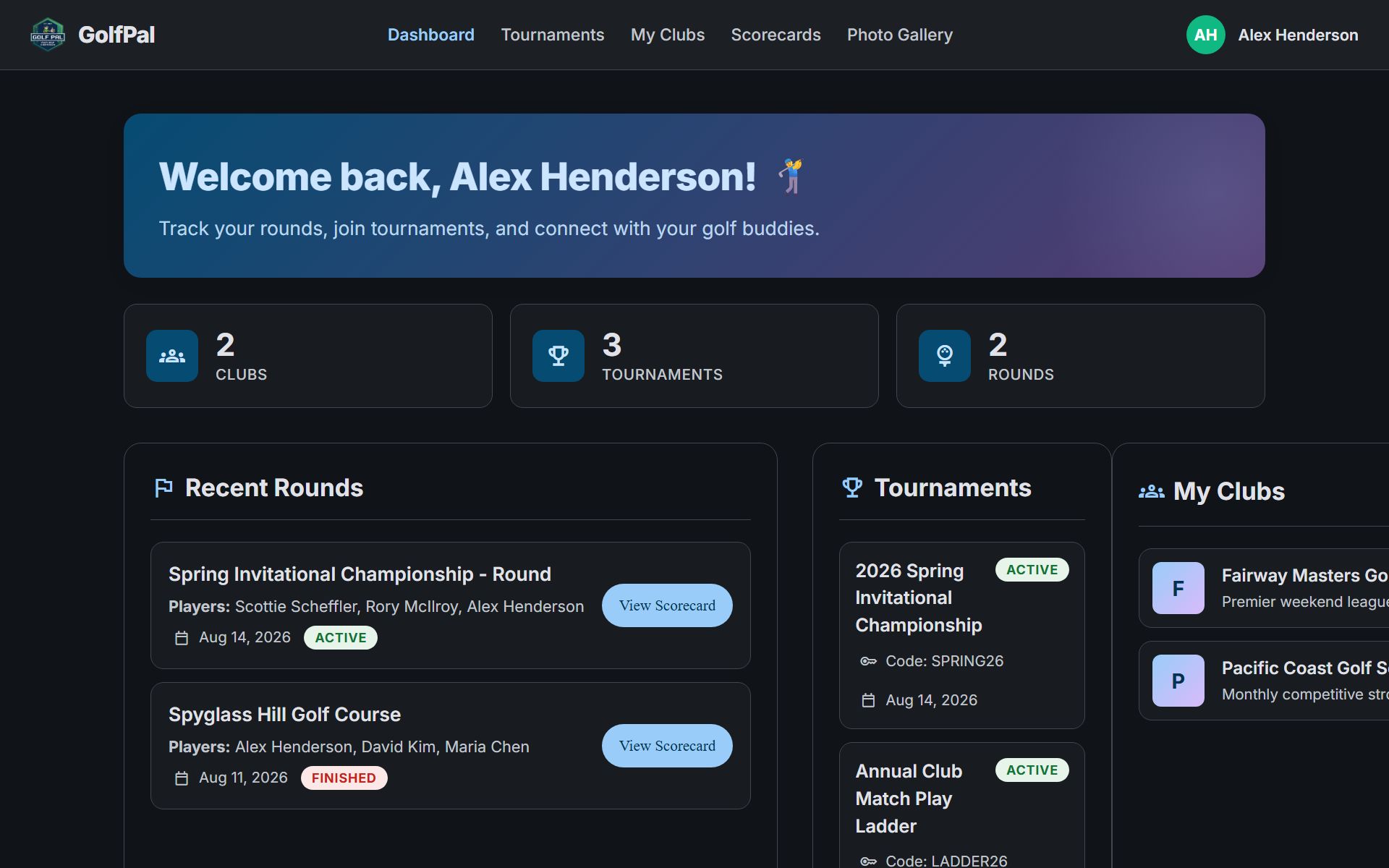 GolfPal Web App Dashboard Showcase